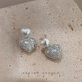 Silver Tone Dual Heart Pearl Pave CZ Drop Earrings view 1