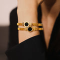 Gold Tone Watch Band Bracelet Black Acrylic Dial Roman Love Tags view 3
