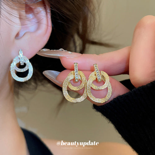 Silver Tone Double Circle Crystal Stud Earrings shown in the primary product view