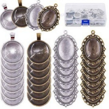 64-Piece Vintage Pendant Tray and Glass Cabochon DIY Jewelry Set