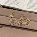 Gold Hulu Tiger Eye Pearl CZ Necklace Earring Set Pair view 3