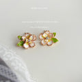 Rose Gold Cream Enamel Flower Green Leaf Stud Earrings view 2