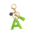 Green Glitter Letter Keychain with Evil Eye Charm and Suede Tassel view 5