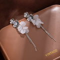 White Floral Cluster Double Bar Long Dangle Earrings view 2