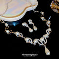 Silver Pearl Teardrop Necklace Earrings Rhinestone Leaf Set view 2