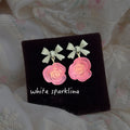 Gray Bow And Pink Rose Flower Drop Stud Earrings For Women view 4