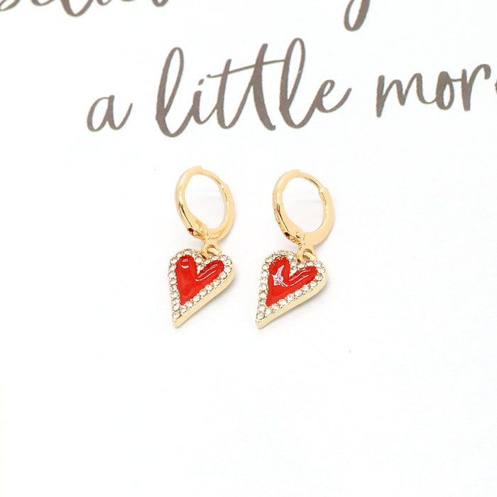 Gold Tone Red Enamel Crystal Heart Huggie Drop Earrings