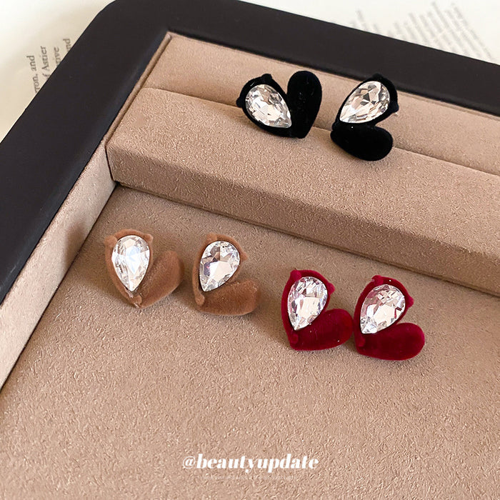 Velvet Heart Stud Earrings with Clear Teardrop Crystals