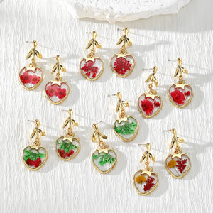 Heart Resin Drop Earrings with Dried Flowers and Leaf Ear Wires