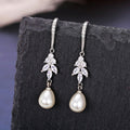 Silver Tone Crystal Leaf Pearl Drop Earrings Polished Metal Jewelry view 2
