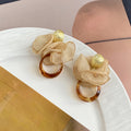 Peach Fabric Petal and Amber Look Double Ring Earrings view 3
