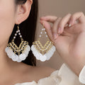 White Disc and Gold Filigree Pearl Look Hook Earrings view 6