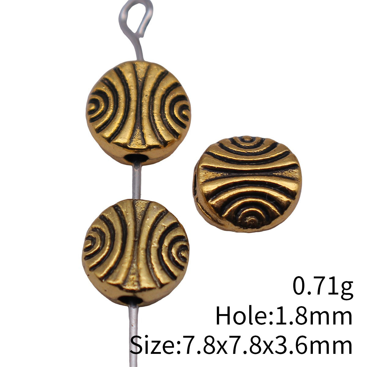 7.8x7.8x3.6mm 0.71g Antique Gold Zinc Alloy Arc Texture Round Flat Loose Metal Beads for Jewelry Making