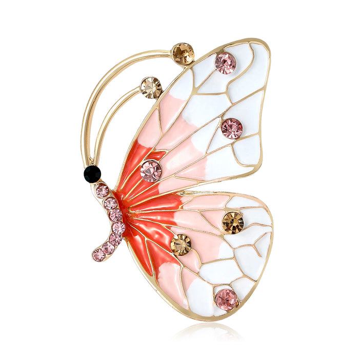 Coral Pink White Enamel Butterfly Brooch Rhinestones