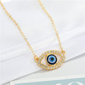 Gold Tone Crystal Halo Blue Evil Eye Chain Pendant Necklace view 3