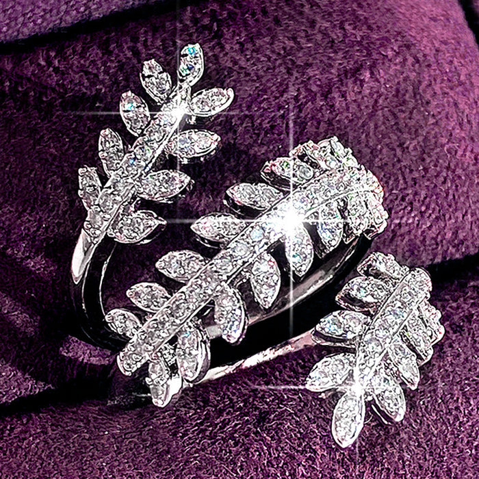 White Metal Wheat Leaf Open Adjustable Pave Zircon Ring