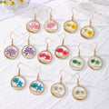 Gold Round Pressed Flower Resin Drop Earrings 7 Colors view 1