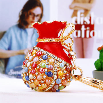 Multicolor Beaded Treasure Pouch Keychain with Gold Tone Ring and Clasp