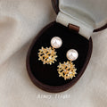 Gold Tone White Pearl Top Open Hydrangea Flower Stud Earrings view 1