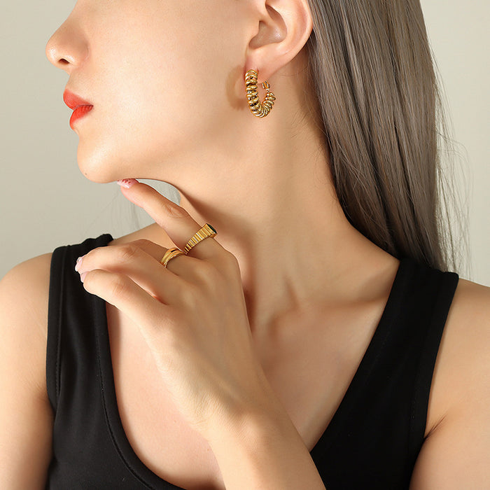 Spiral Coil Ring U-Shape Hoop Earrings Gold Steel Pair