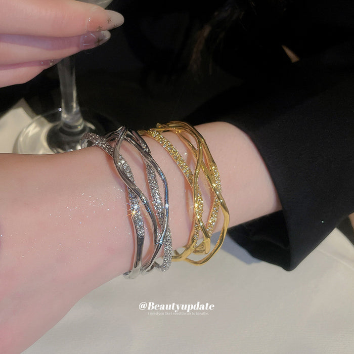 Multi-Layer Cross Wave Open Cuff Bracelet Gold Silver