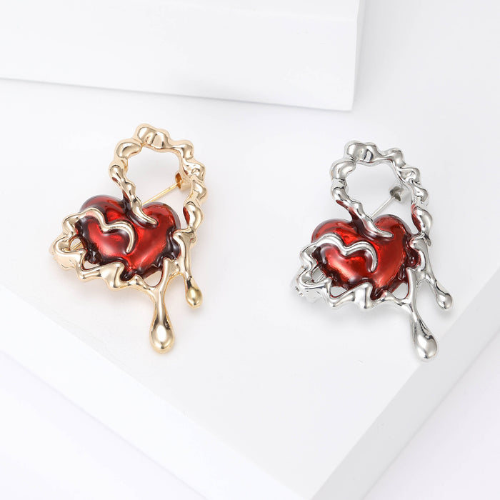 Melting Red Heart Enamel Brooch in Gold or Silver Tone