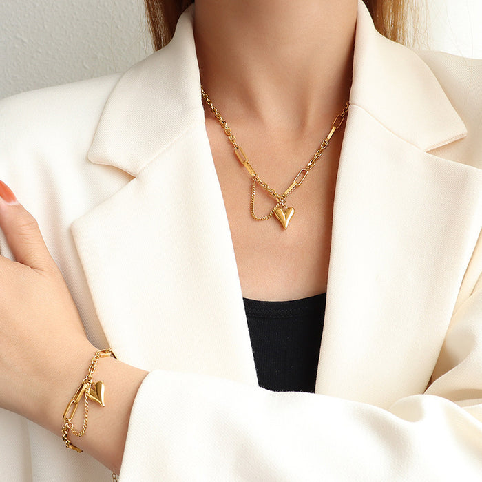 Gold Steel Heart Charm Paperclip Chain Necklace Bracelet