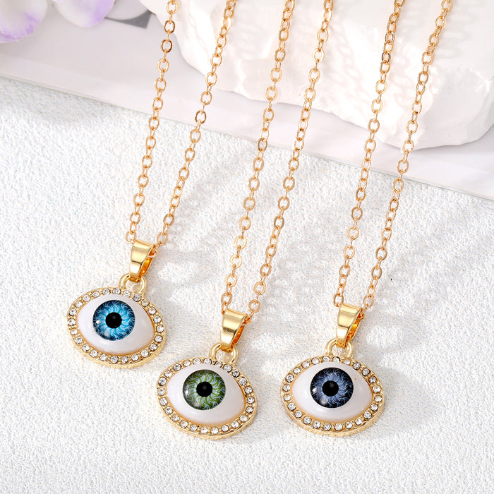 Gold Tone Crystal Halo Realistic Evil Eye Pendant Necklaces