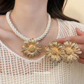Gold Textured Daisy Flower Earrings Twisted Rope Choker Necklace view 3