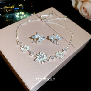 Enamel Flower Bracelet and Butterfly Pearl Stud Earrings