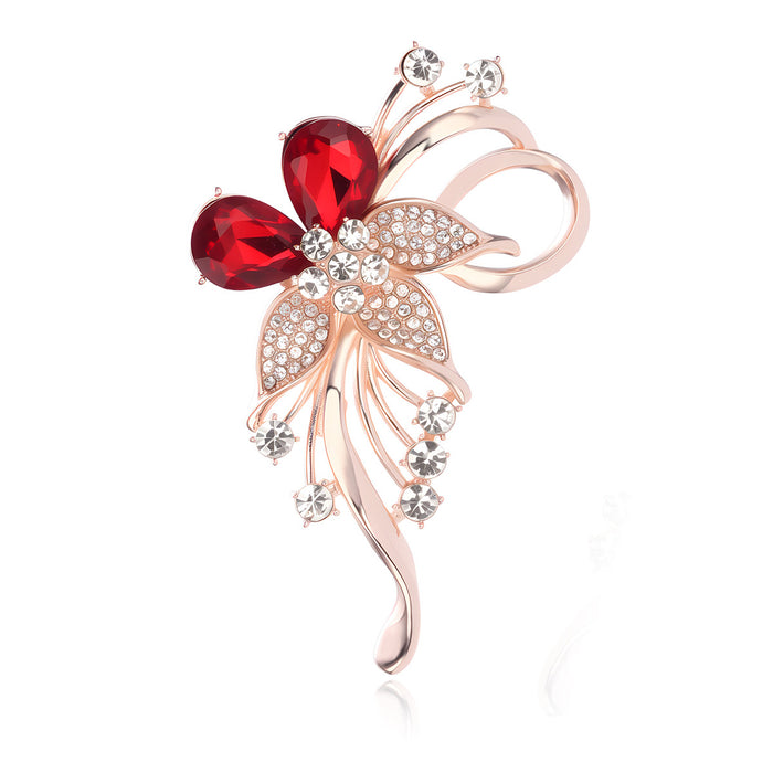 Red Flower Crystal Two Designs Metal Brooch Pin for Jackets and Lapels