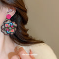 Colorful Embroidered Floral Statement Drop Earrings view 3