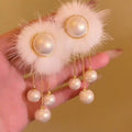 Fuzzy Round Pearl Look Drop Earrings in Brown and White view 3