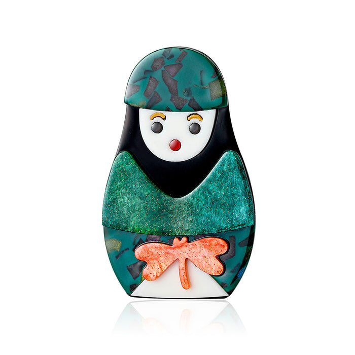 Acrylic Matryoshka Doll Brooch Red or Green Dragonfly Accent