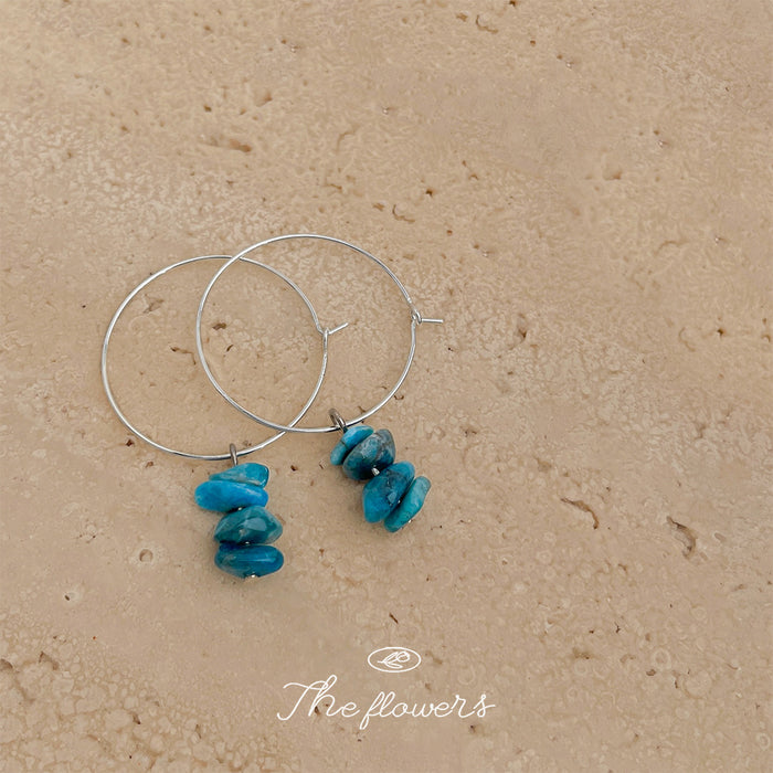 Silver Tone Large Hoop Earrings With Turquoise Irregular Stone Chips