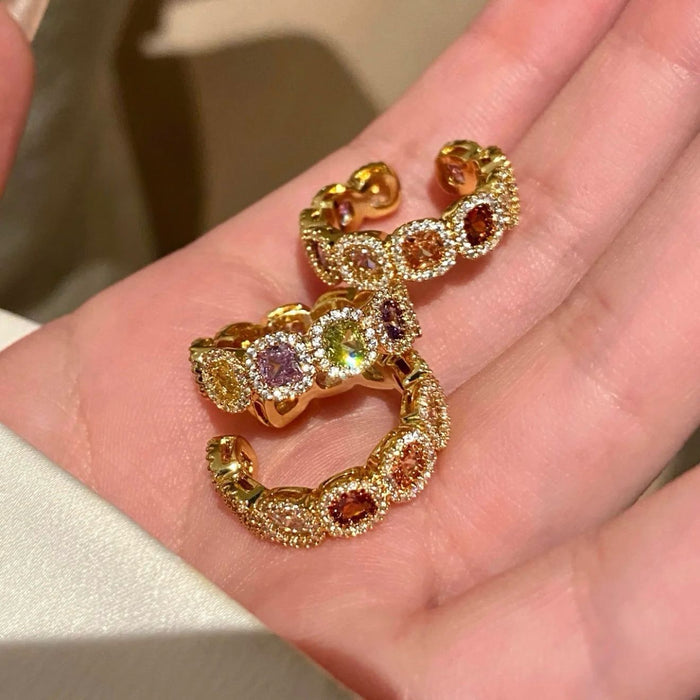 Gold Open Ring Multicolor Cushion Stones Rhinestone Halo