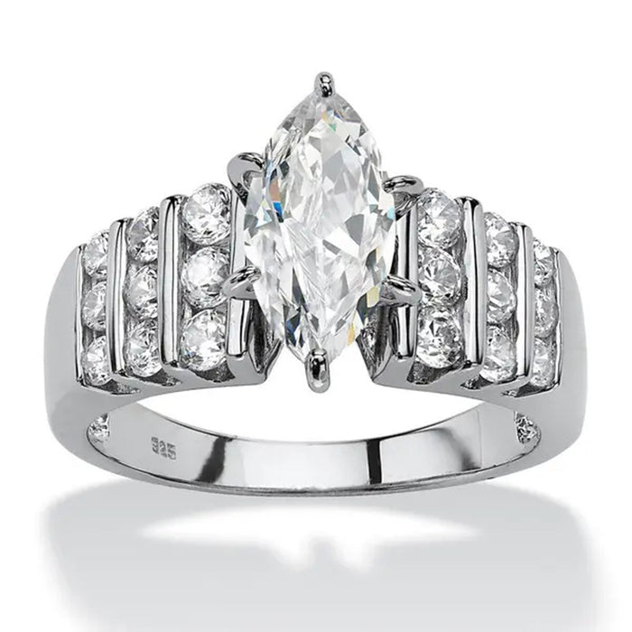 Silver Tone Marquise CZ Wide Band Ring with Side Stones