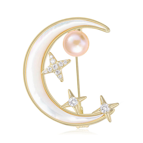 Front view of Crescent Moon and Stars Pearl brooch
