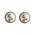 Round Disc Pink Enamel Rose Green Leaf Black Rim Stud Earrings view 5