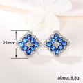 Blue Flower Clover Stud Earrings White Metal Clear Halo Frame view 5