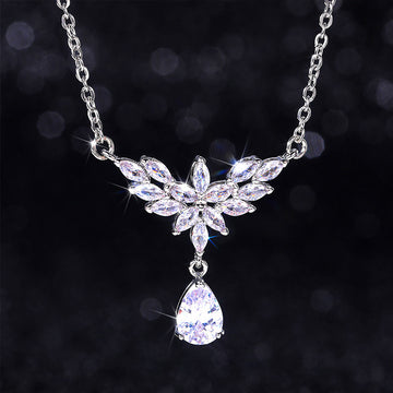 Silver Marquise Flower Teardrop Pendant Necklace Alloy