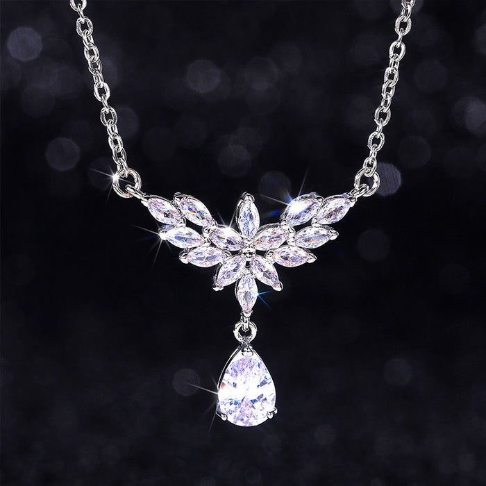 Silver Marquise Flower Teardrop Pendant Necklace Alloy