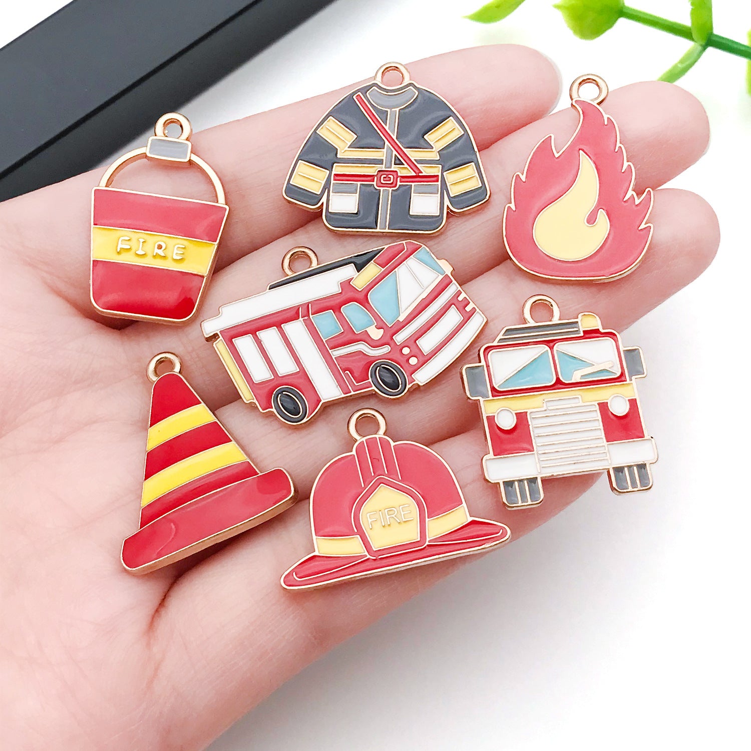 Enamel Zinc Alloy Fire Helmet Fire Truck Extinguisher Charm Pendant for DIY Jewelry
