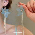 Knitted Flower Chain Drop Stud Earrings in Two Colors view 3