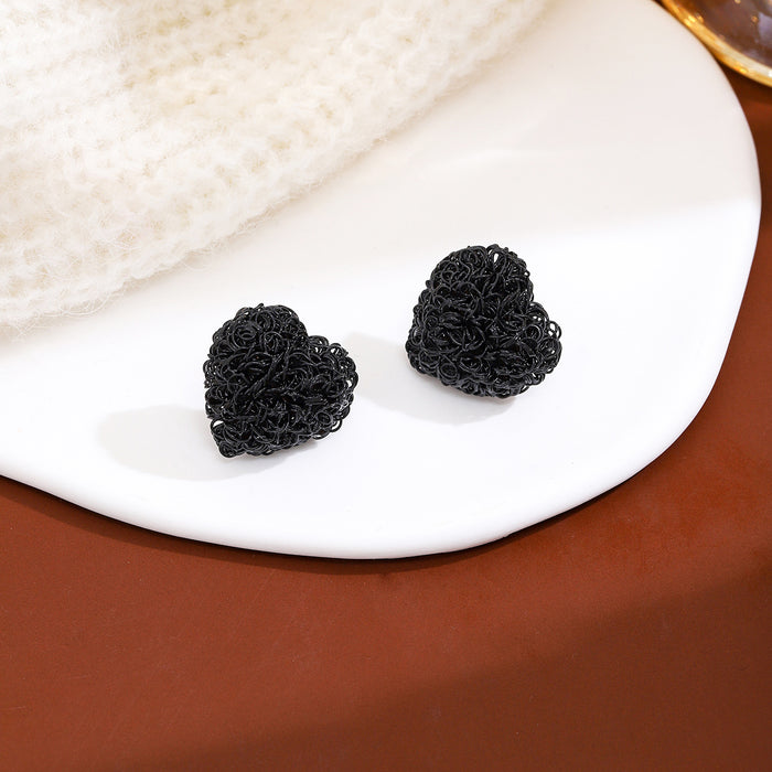 Black and Red Woven Wire Dimensional Heart Stud Earrings