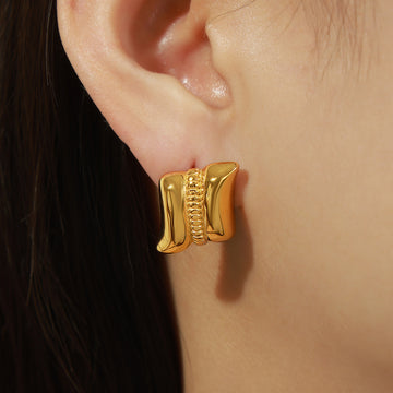 Gold Steel Twin Curve Stud Earrings Beaded Center Bar