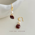 Gold Hook Wine Red Enamel Square Drop Earrings Pearl view 4