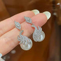 White Gold Faux Pearl Leaf Drop Earrings Clear Pavé view 2