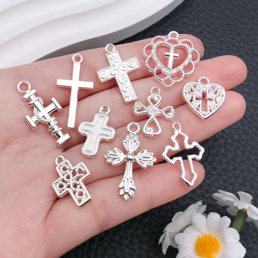 Bright Silver Zinc Alloy Cross Charm Pendant for DIY Necklace Keychain Jewelry Making