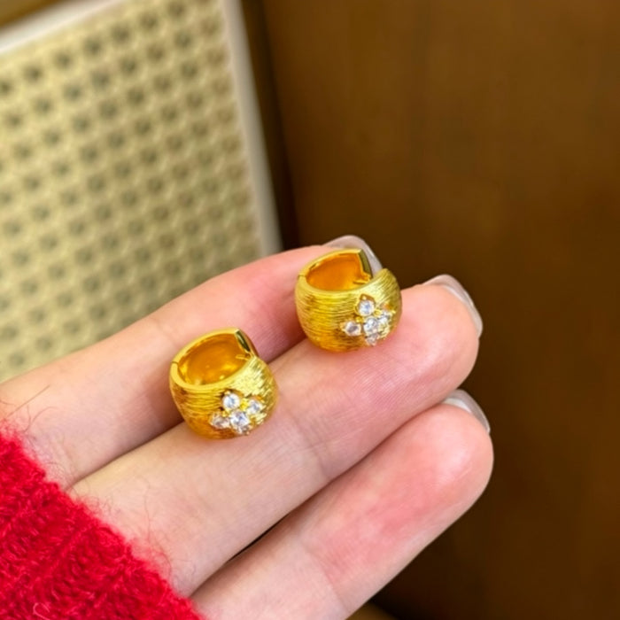 Gold Tone Textured Crystal Huggie Hoop Fashion Earrings